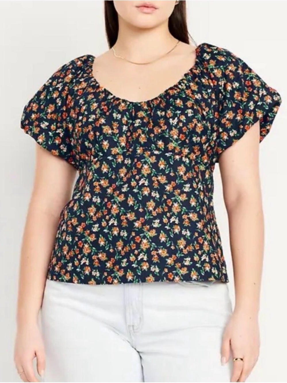 Old Navy Floral Puff- sleeve blouse- Navy with Orange Flowers